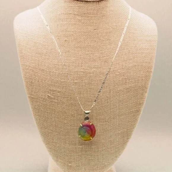 Sterling Silver 925 Figaro Chain Necklace with Rainbow Solar Quartz Pendant - Picture 1 of 2